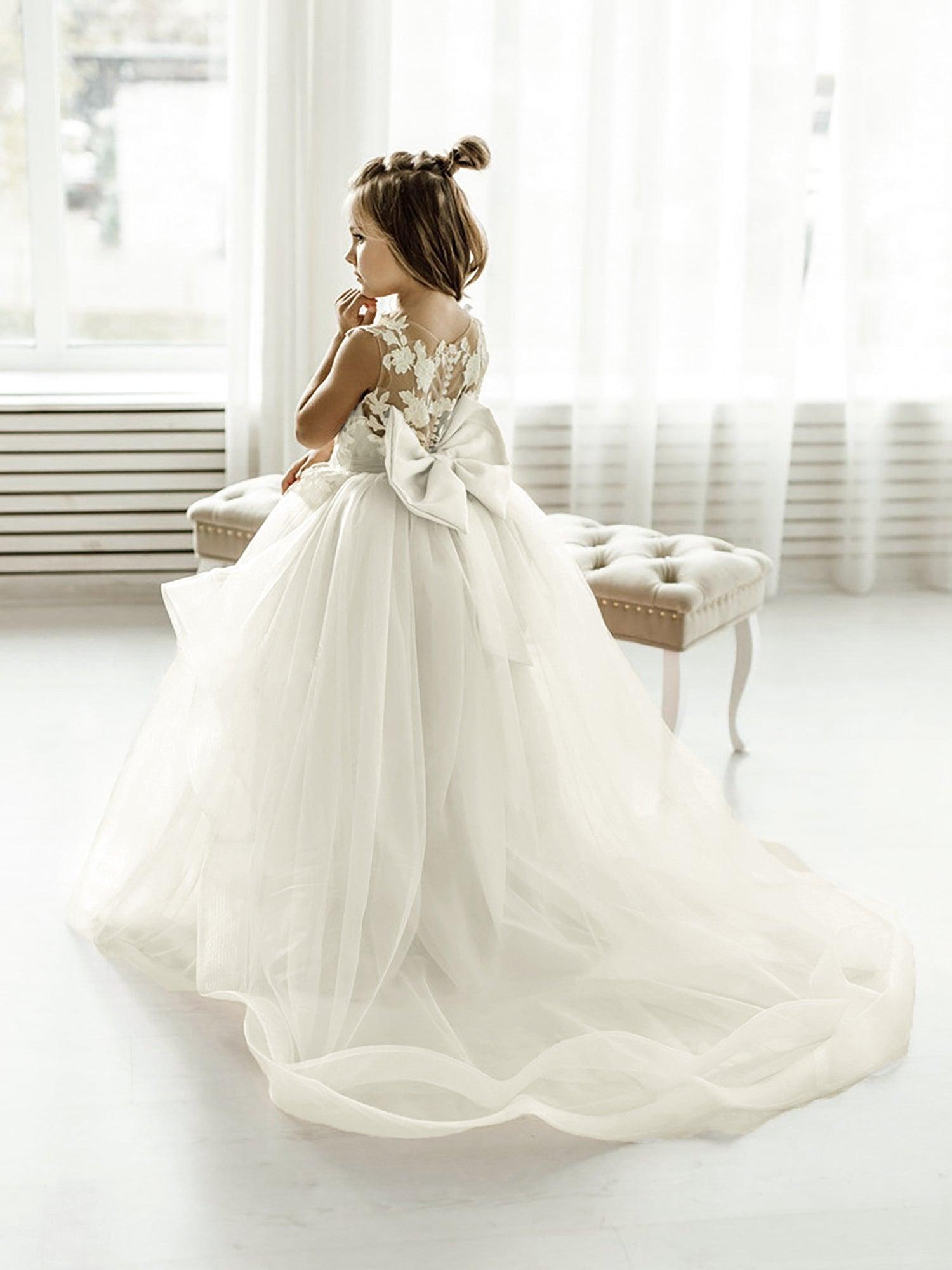 Langes Ballkleid aus Tüllspitze, ärmellos, Blumenmädchenkleid mit Schleife