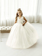 Langes Ballkleid aus Tüllspitze, ärmellos, Blumenmädchenkleid mit Schleife