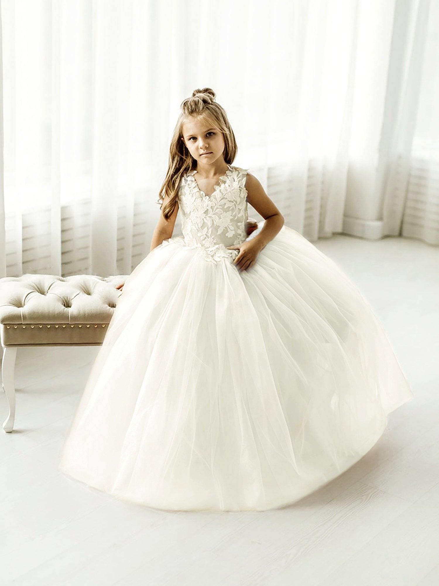 Langes Ballkleid aus Tüllspitze, ärmellos, Blumenmädchenkleid mit Schleife