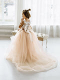 Langes Ballkleid aus Tüllspitze, ärmellos, Blumenmädchenkleid mit Schleife