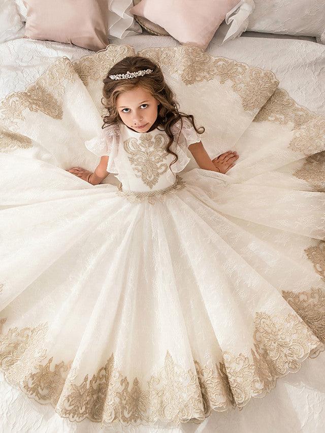Vestido largo de tul con encaje para bodas, cumpleaños, desfiles y niñas de las flores