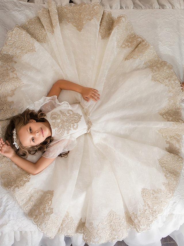 Vestido largo de tul con encaje para bodas, cumpleaños, desfiles y niñas de las flores