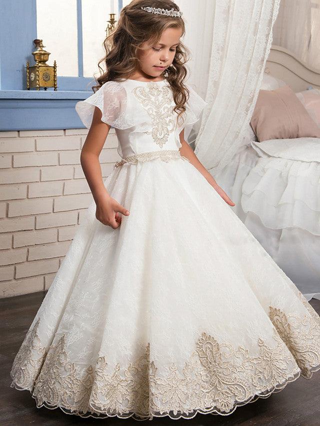 Vestido largo de tul con encaje para bodas, cumpleaños, desfiles y niñas de las flores