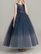 Long Ball Gown Tulle Sleeveless Jewel Neck Pageant Flower Girl Dresses