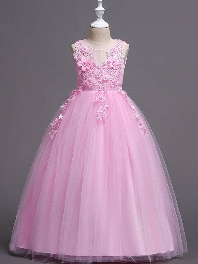 Long Princess Ball Gown Satin Tulle Wedding Party Flower Girl Dresses