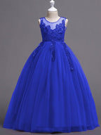Long Princess Ball Gown Satin Tulle Wedding Party Flower Girl Dresses