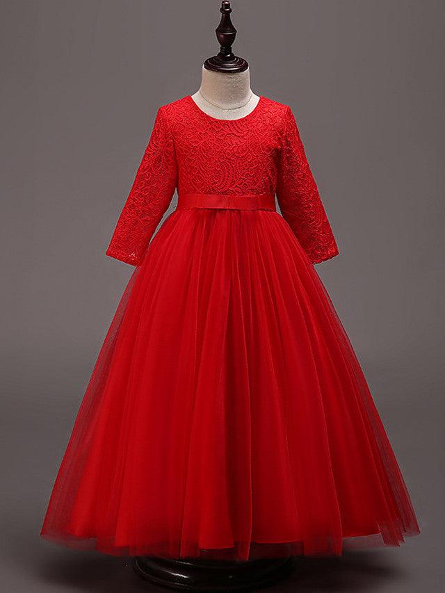 Long Princess Lace Tulle Cotton Jewel Neck Wedding Party Pageant Flower Girl Dresses with Sleeves