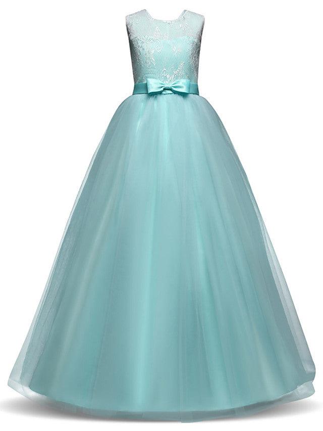 Vestidos largos de princesa con encaje de tul y cuello joya para fiesta, cumpleaños, desfile y niña de las flores