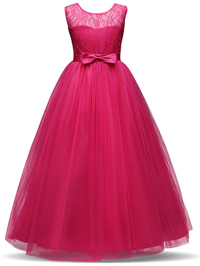 Vestidos largos de princesa con encaje de tul y cuello joya para fiesta, cumpleaños, desfile y niña de las flores