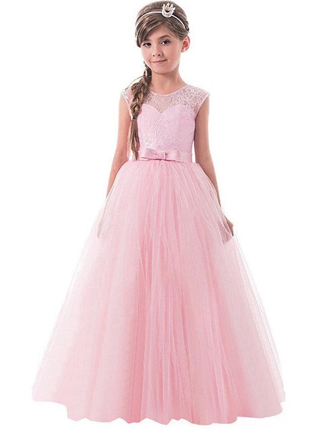 Vestidos largos de princesa con encaje de tul y cuello joya para fiesta, cumpleaños, desfile y niña de las flores