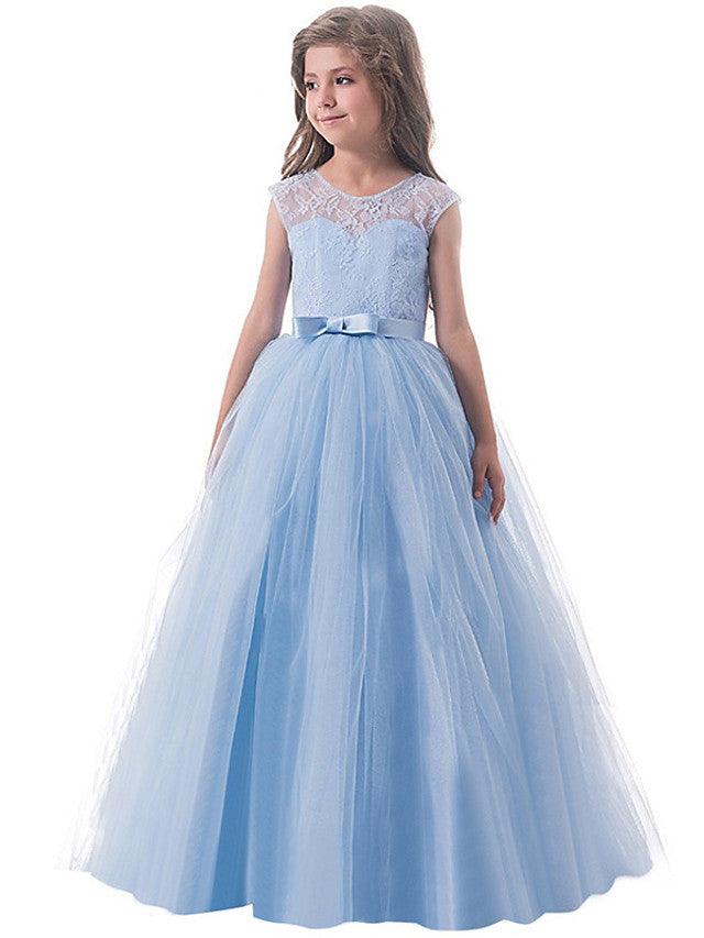 Vestidos largos de princesa con encaje de tul y cuello joya para fiesta, cumpleaños, desfile y niña de las flores