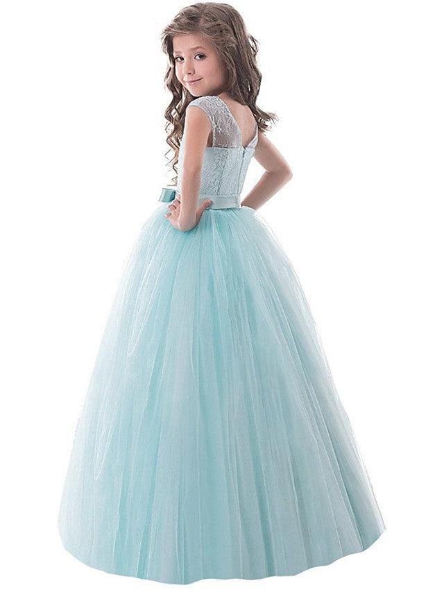 Vestidos largos de princesa con encaje de tul y cuello joya para fiesta, cumpleaños, desfile y niña de las flores