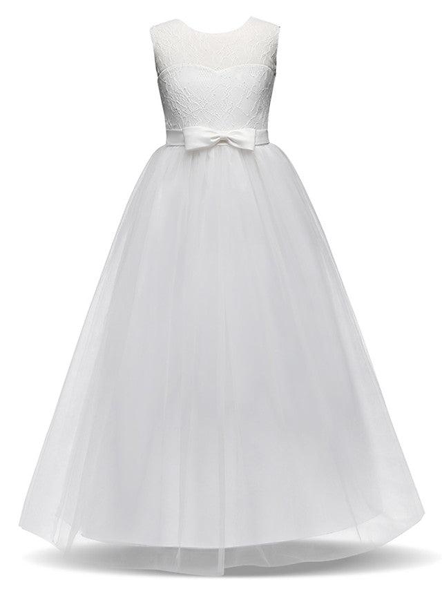 Vestidos largos de princesa con encaje de tul y cuello joya para fiesta, cumpleaños, desfile y niña de las flores