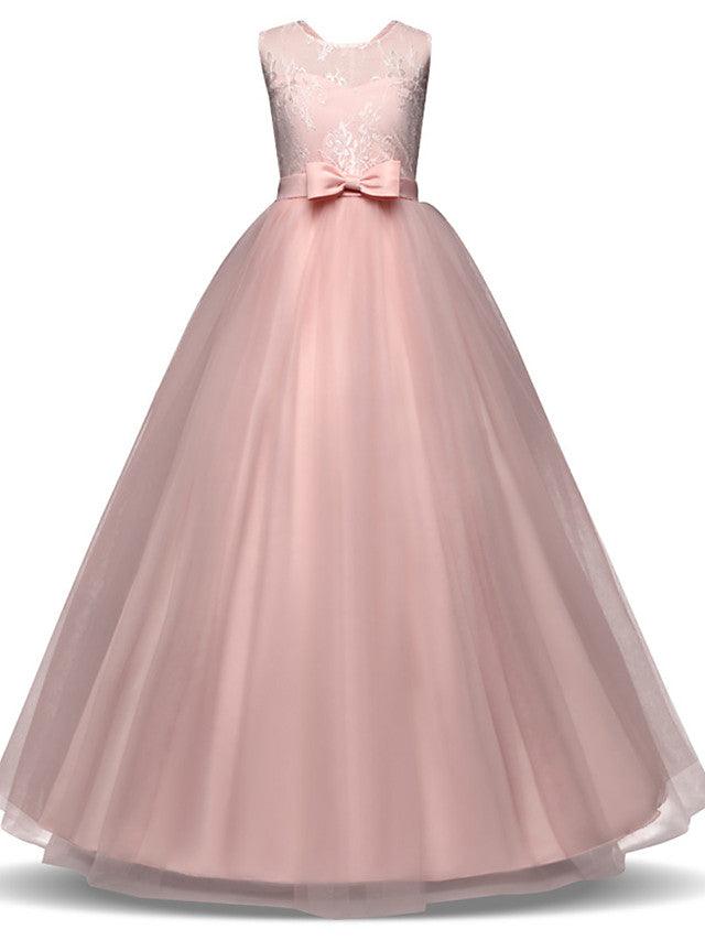 Vestidos largos de princesa con encaje de tul y cuello joya para fiesta, cumpleaños, desfile y niña de las flores