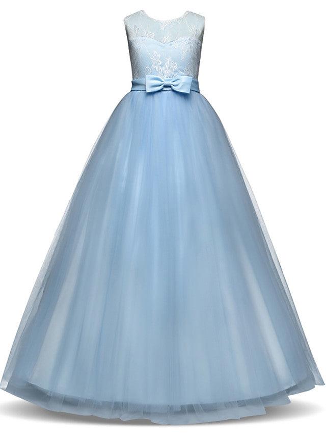 Vestidos largos de princesa con encaje de tul y cuello joya para fiesta, cumpleaños, desfile y niña de las flores