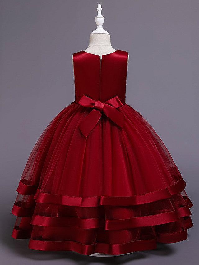 Vestidos largos de princesa de satén y tul con cuello joya para bodas, desfiles y niñas de las flores