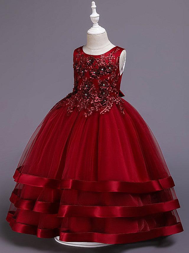 Vestidos largos de princesa de satén y tul con cuello joya para bodas, desfiles y niñas de las flores