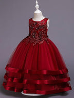Vestidos largos de princesa de satén y tul con cuello joya para bodas, desfiles y niñas de las flores