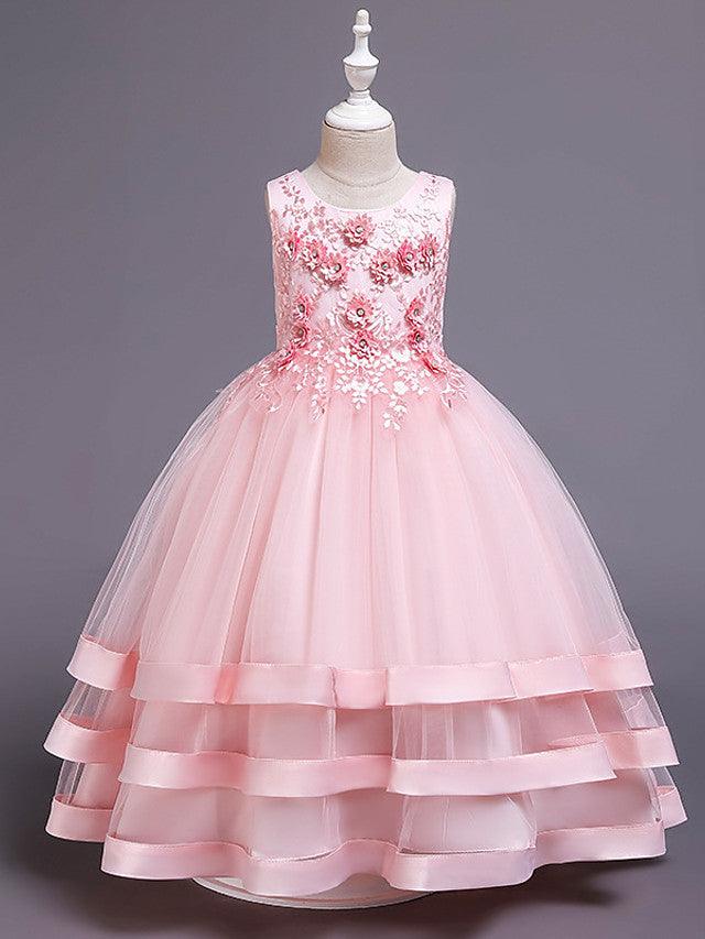 Vestidos largos de princesa de satén y tul con cuello joya para bodas, desfiles y niñas de las flores