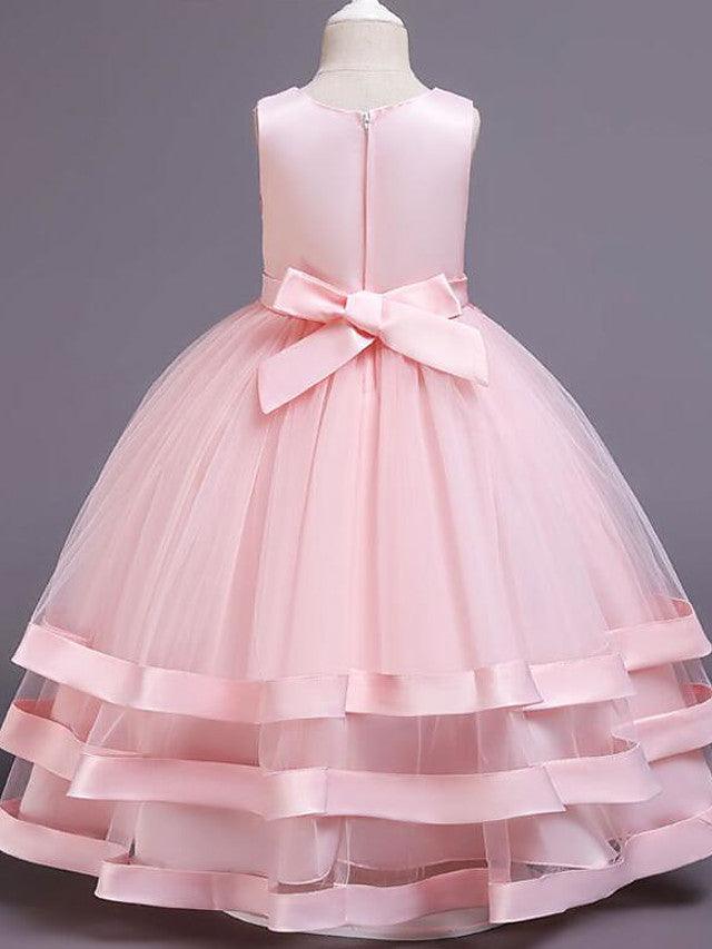Vestidos largos de princesa de satén y tul con cuello joya para bodas, desfiles y niñas de las flores
