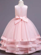 Vestidos largos de princesa de satén y tul con cuello joya para bodas, desfiles y niñas de las flores