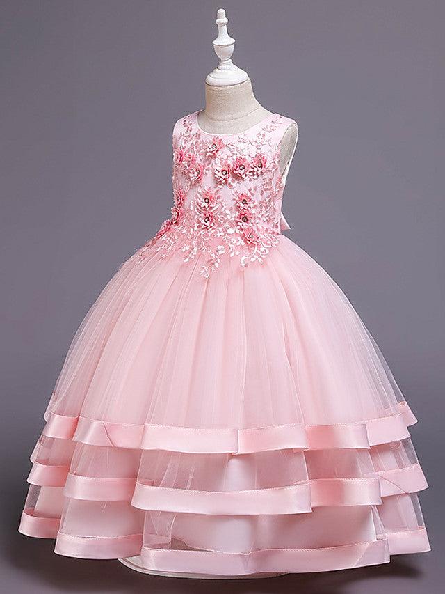 Vestidos largos de princesa de satén y tul con cuello joya para bodas, desfiles y niñas de las flores