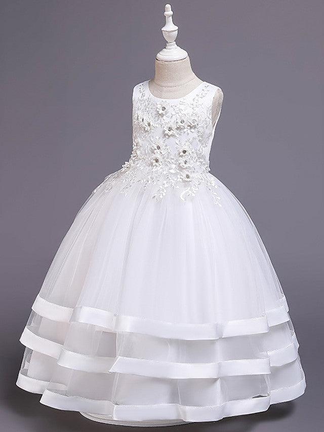 Vestidos largos de princesa de satén y tul con cuello joya para bodas, desfiles y niñas de las flores