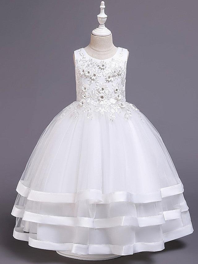 Vestidos largos de princesa de satén y tul con cuello joya para bodas, desfiles y niñas de las flores