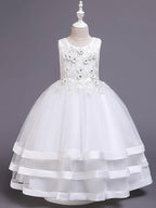 Vestidos largos de princesa de satén y tul con cuello joya para bodas, desfiles y niñas de las flores
