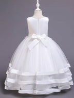 Vestidos largos de princesa de satén y tul con cuello joya para bodas, desfiles y niñas de las flores