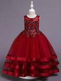 Vestidos largos de princesa de satén y tul con cuello joya para bodas, desfiles y niñas de las flores