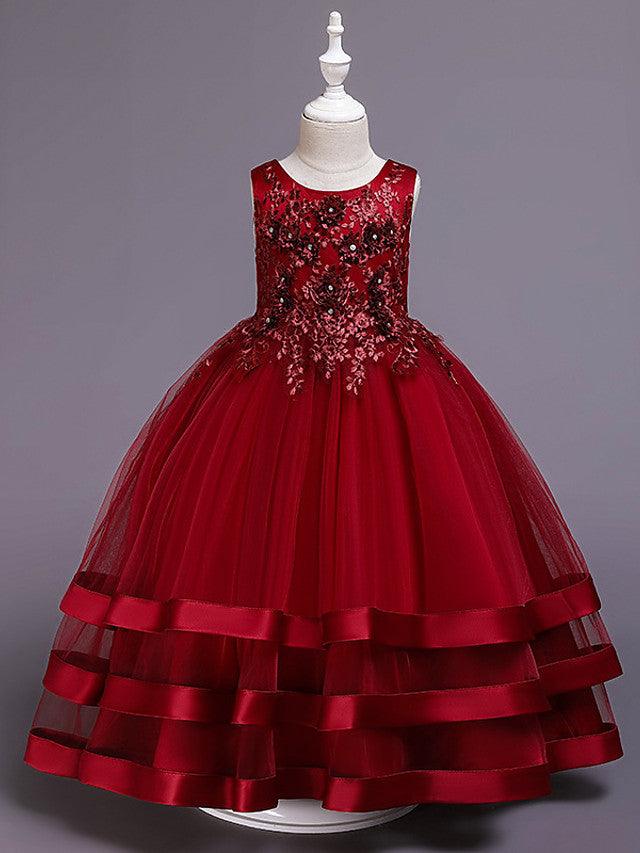 Long Princess Satin Tulle Jewel Neck Wedding Party Pageant Flower Girl Dresses