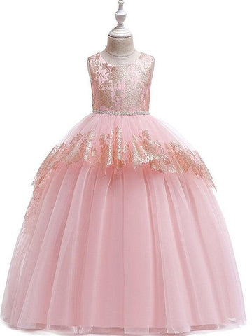 Long Princess Tulle Lace Junior Bridesmaid Dress With Bow