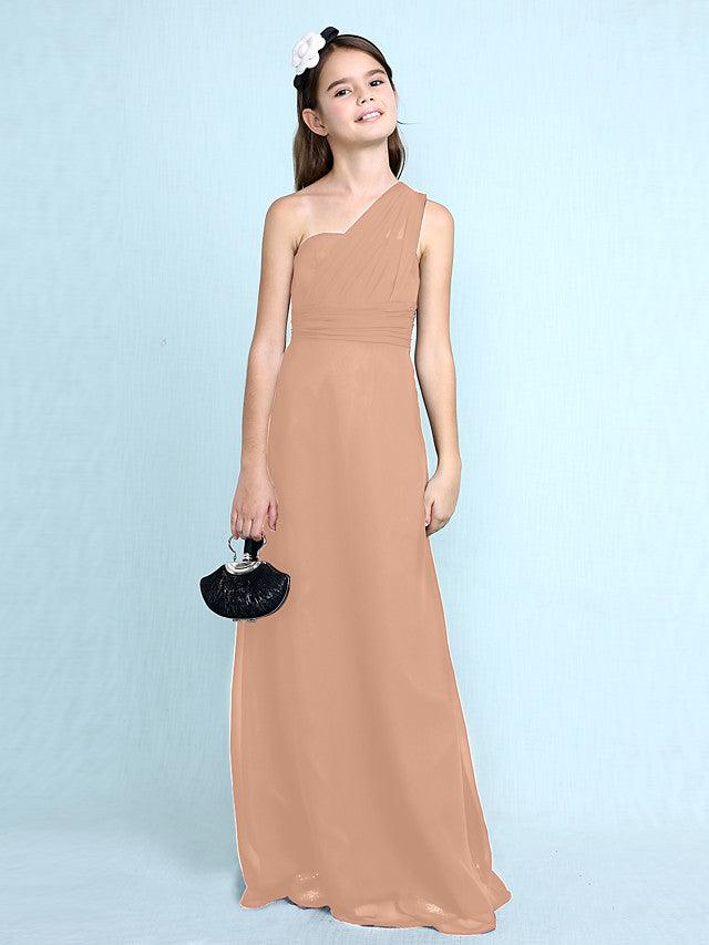 Langes Etuikleid mit einer Schulter für Blumenmädchenkleider aus Chiffon für Junior-Brautjungfern