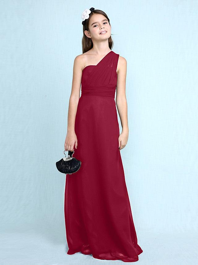 Langes Etuikleid mit einer Schulter für Blumenmädchenkleider aus Chiffon für Junior-Brautjungfern