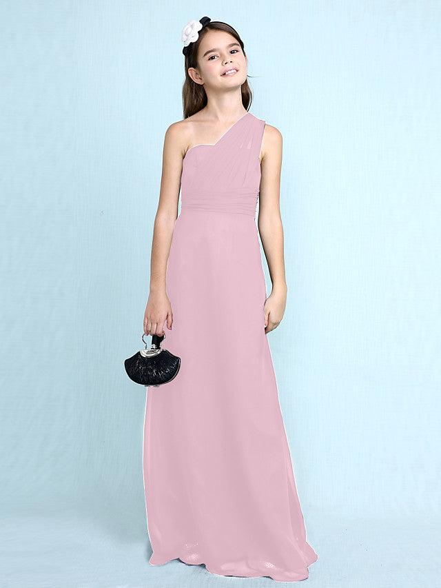 Langes Etuikleid mit einer Schulter für Blumenmädchenkleider aus Chiffon für Junior-Brautjungfern