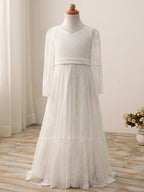 Long Sheath V Neck Maxi Wedding Birthday Holiday Flower Girl Dresses with Sleeves