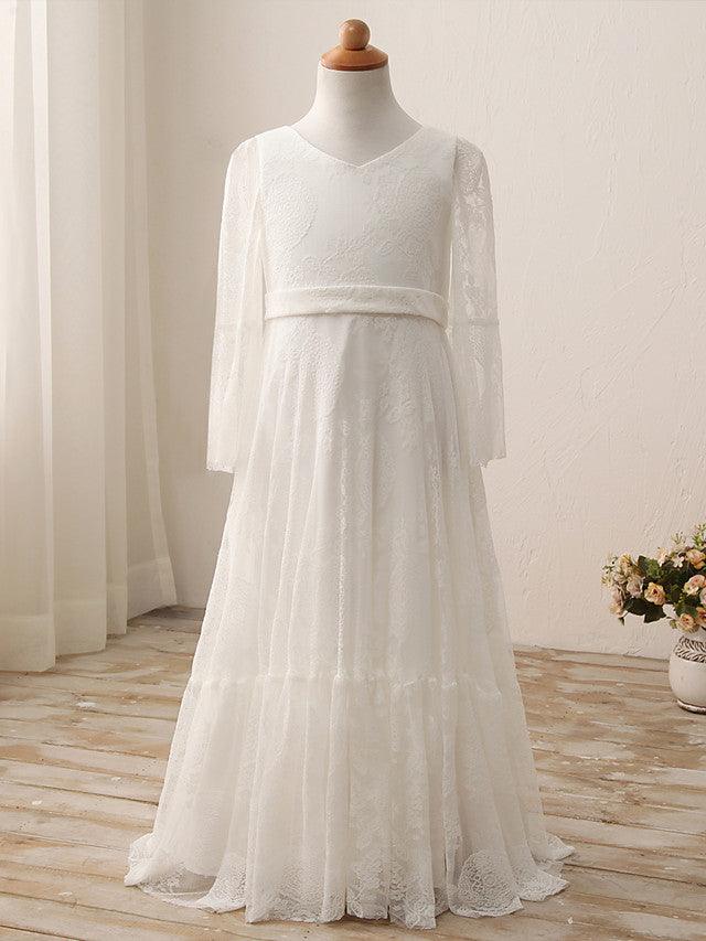 Long Sheath V Neck Maxi Wedding Birthday Holiday Flower Girl Dresses with Sleeves