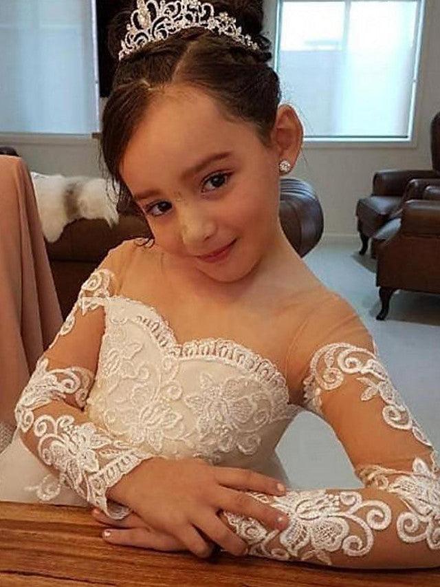 Long Sleeve Ball Gown Court Train Off the Shoulder Wedding Flower Girl Dresses