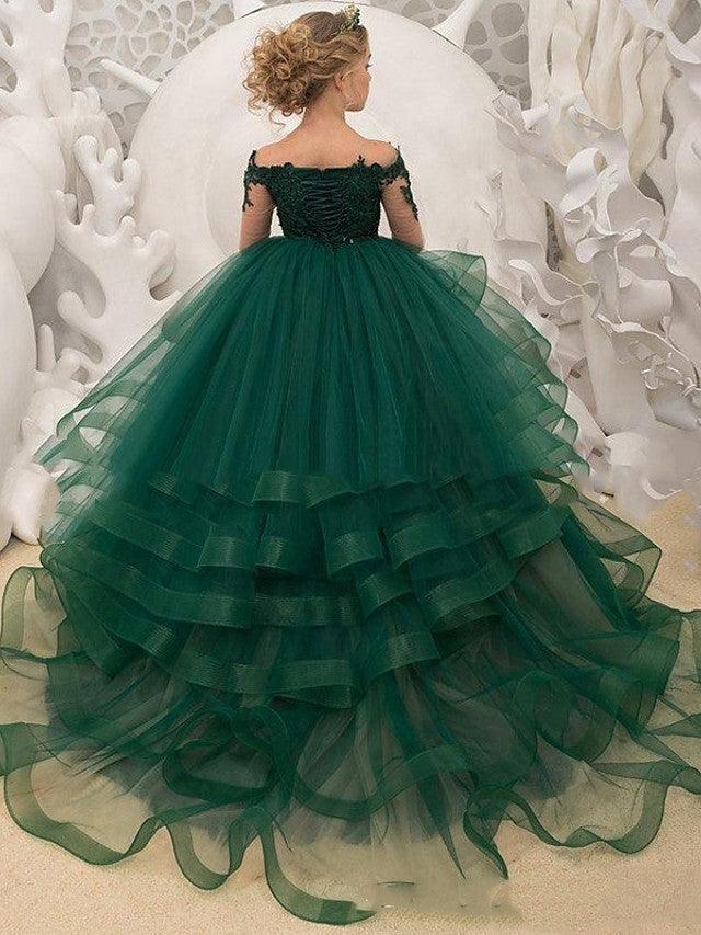 Long Sleeve Ball Gown Tulle Lace Sweep Brush Train Wedding Party Flower Girl Dresses