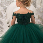 Long Sleeve Ball Gown Tulle Lace Sweep Brush Train Wedding Party Flower Girl Dresses
