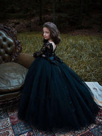 Long Sleeve Black Ball Gown Sweep Brush Train Wedding Party Flower Girl Dresses