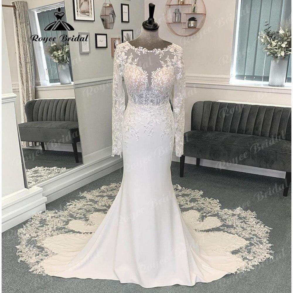 NumberSea - Long Sleeve Lace Court Train Mermaid/Trumpet Wedding Dress for Women 2024 Soft Satin Bridal Gown vestido para boda playa Sexy
