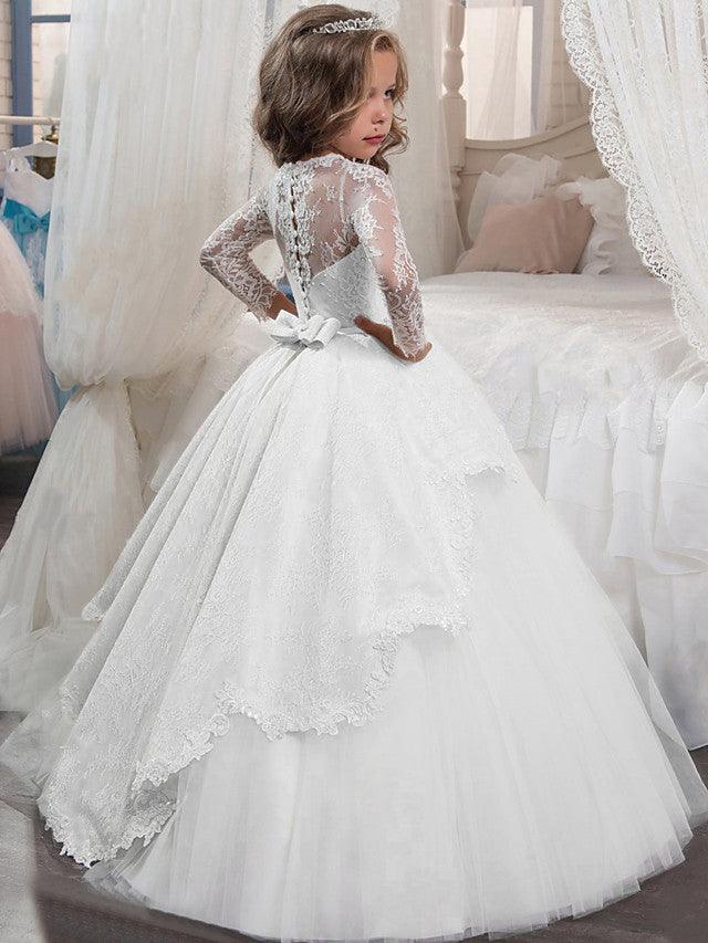 Vestidos de niña de las flores de manga larga, princesa, tul, cuello joya, para Navidad, cumpleaños, primera comunión