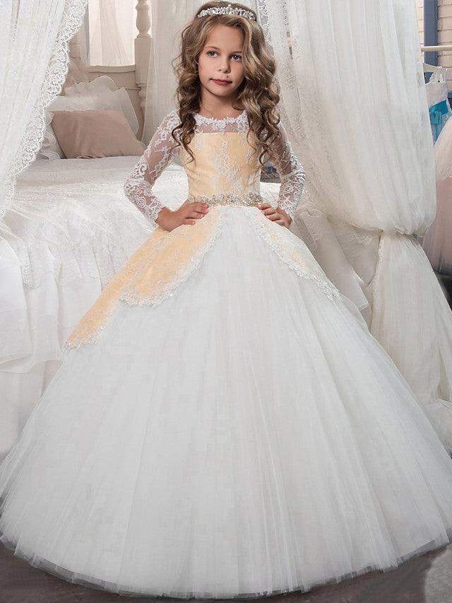 Vestidos de niña de las flores de manga larga, princesa, tul, cuello joya, para Navidad, cumpleaños, primera comunión