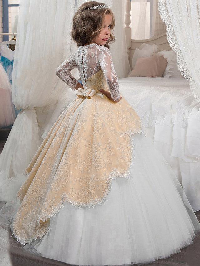 Vestidos de niña de las flores de manga larga, princesa, tul, cuello joya, para Navidad, cumpleaños, primera comunión