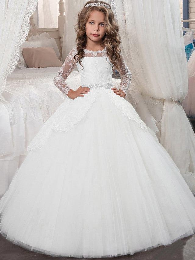 Vestidos de niña de las flores de manga larga, princesa, tul, cuello joya, para Navidad, cumpleaños, primera comunión