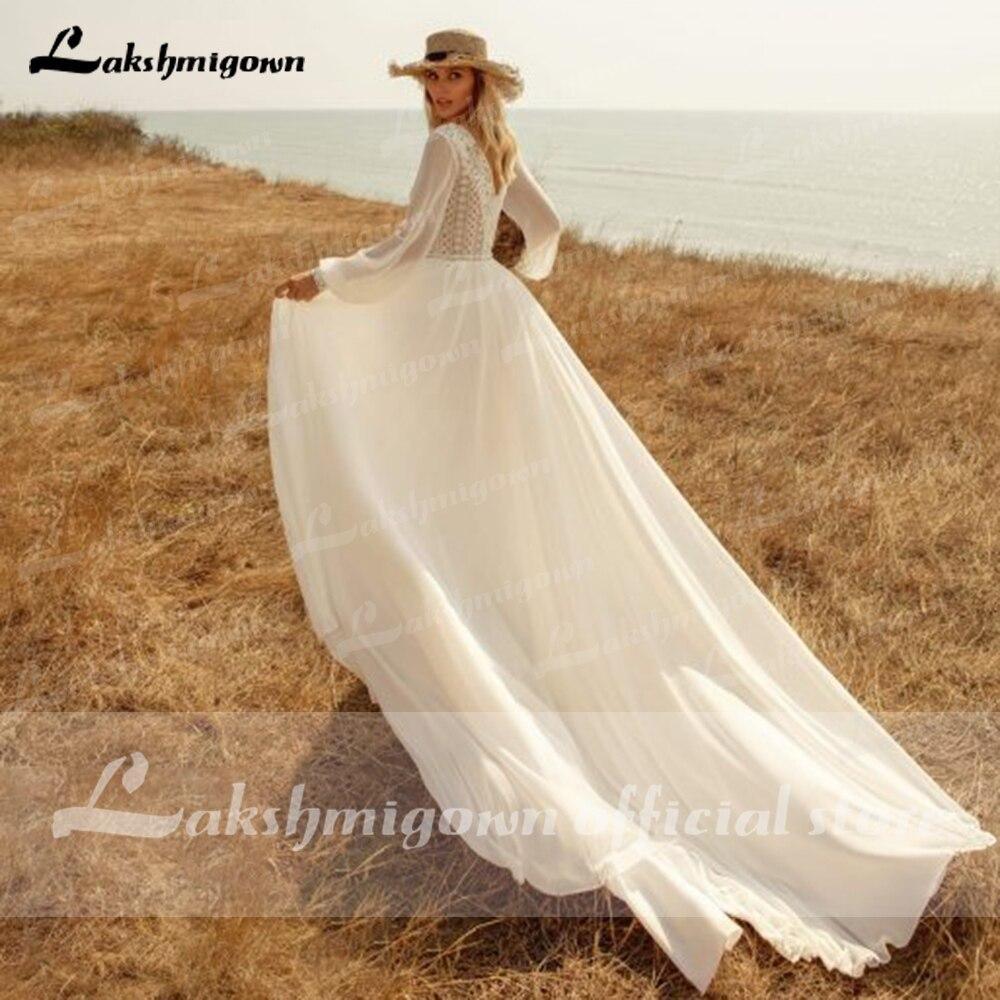 Vestidos de novia de playa de manga larga NumberSea con encaje y escote en V profundo
