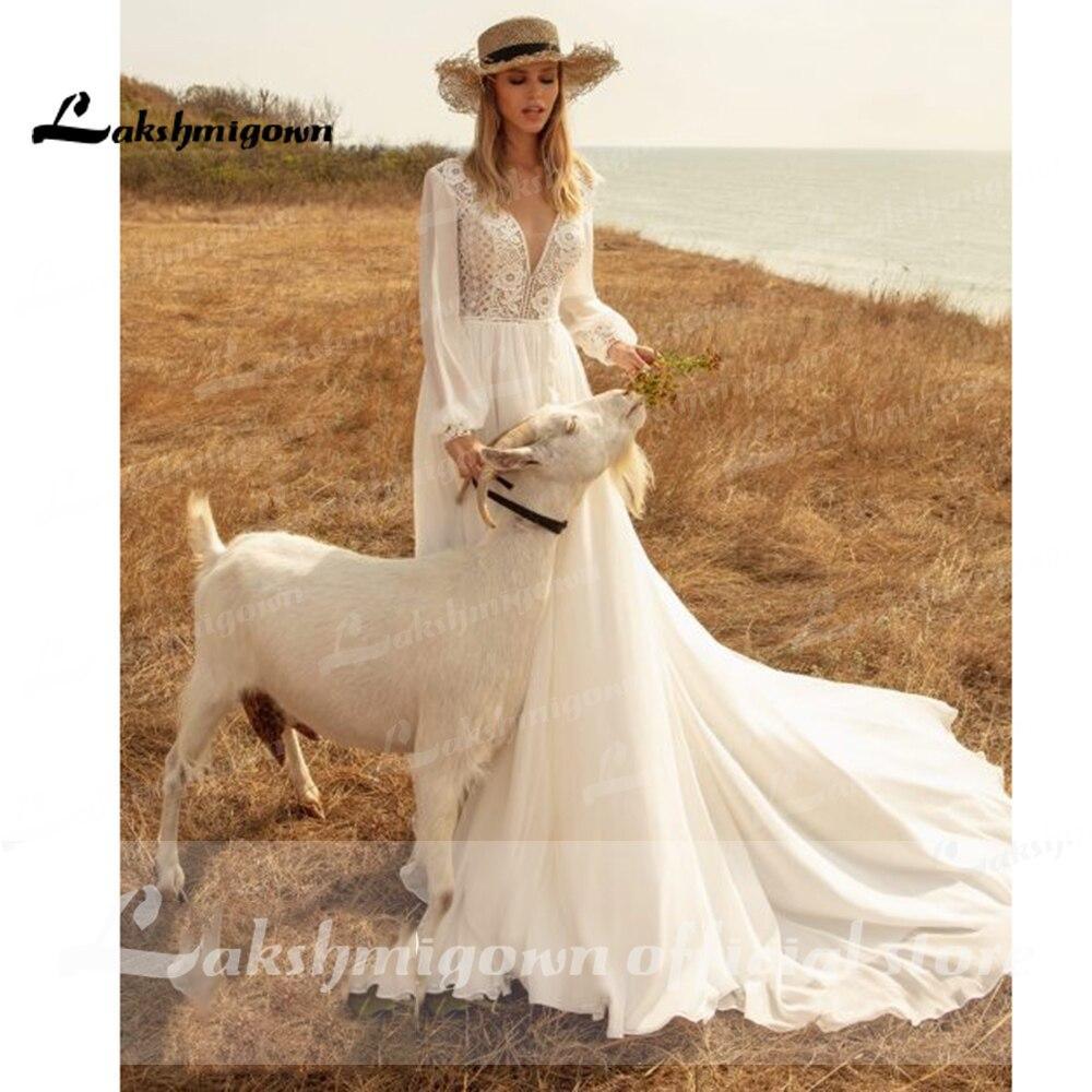 Vestidos de novia de playa de manga larga NumberSea con encaje y escote en V profundo