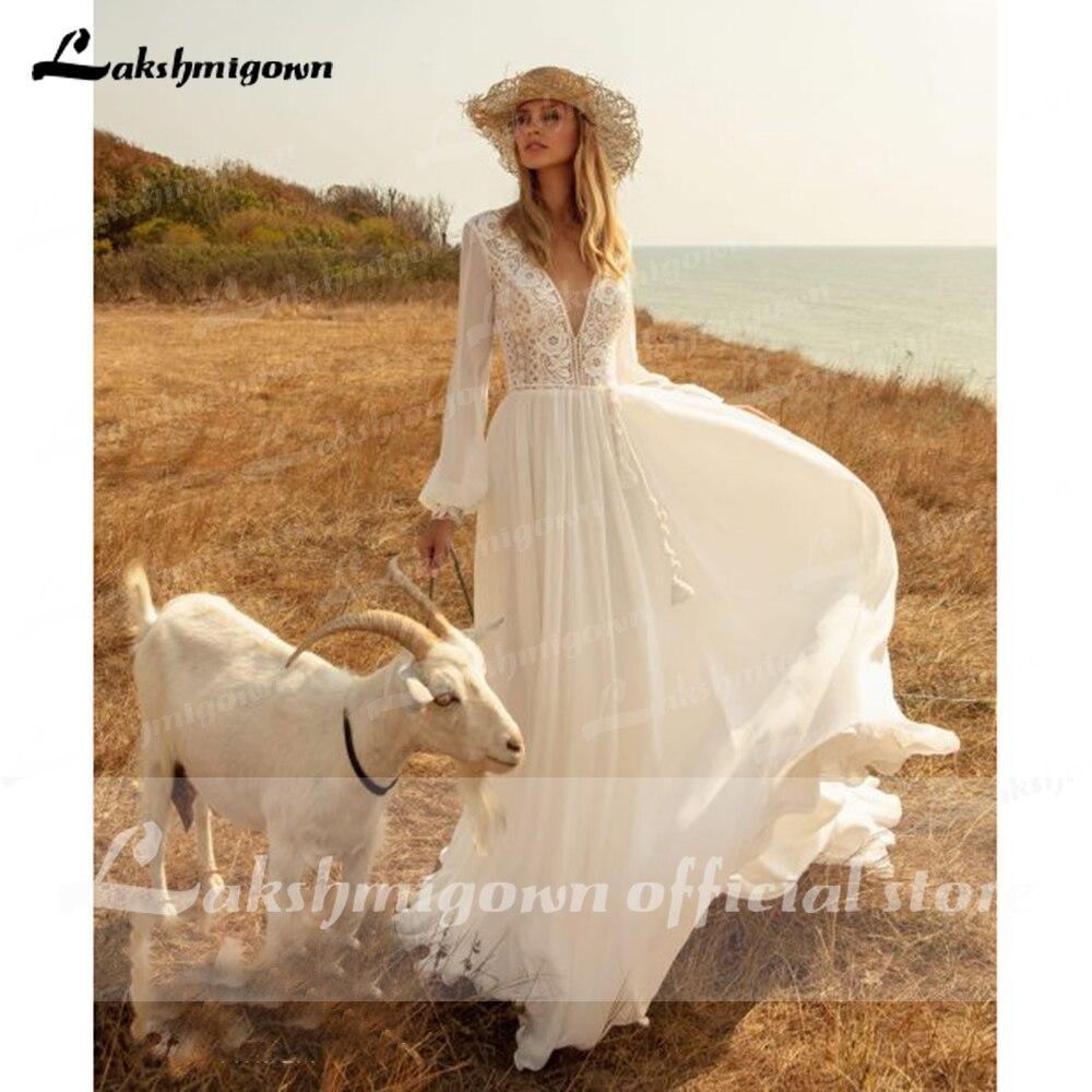 Vestidos de novia de playa de manga larga NumberSea con encaje y escote en V profundo